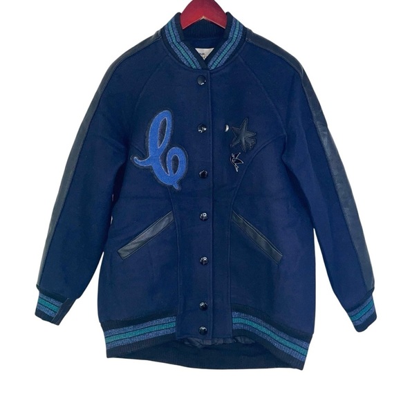 COACH boyfriend letterman varsity jacket wool leather navy blue women’s small - Picture 1 of 8